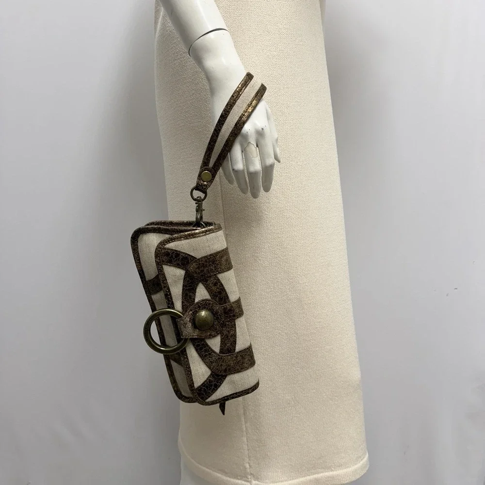 Isabella Fiore Clutch Bag Purse City Lights Clara Bronze Flax Leather & Linen